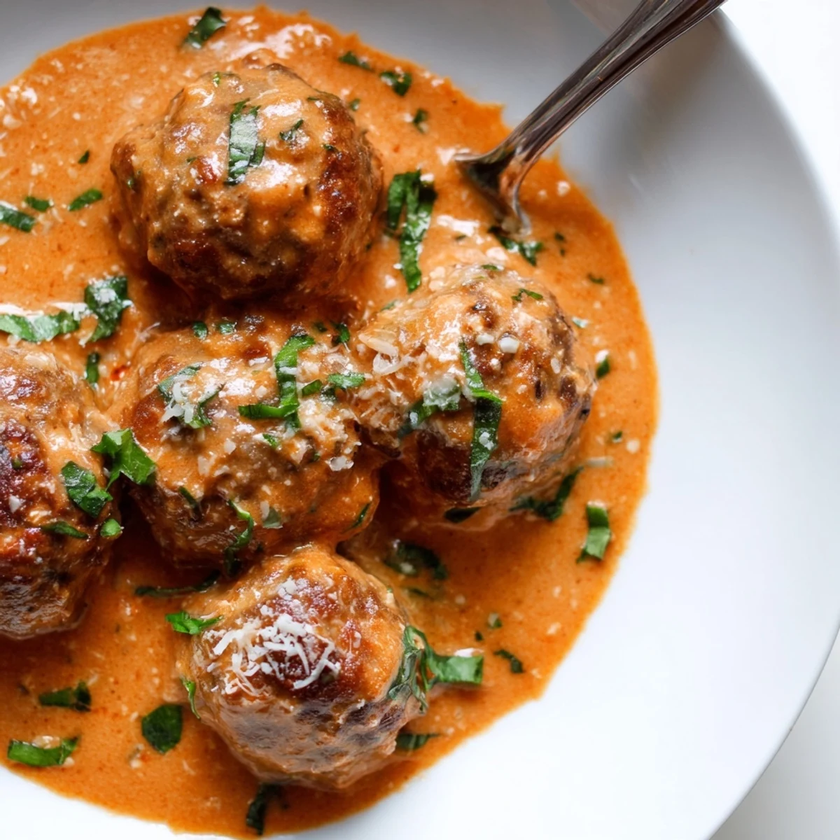 Tender juicy creamy tomato basil meatballs simmering in a thick, aromatic tomato cream sauce