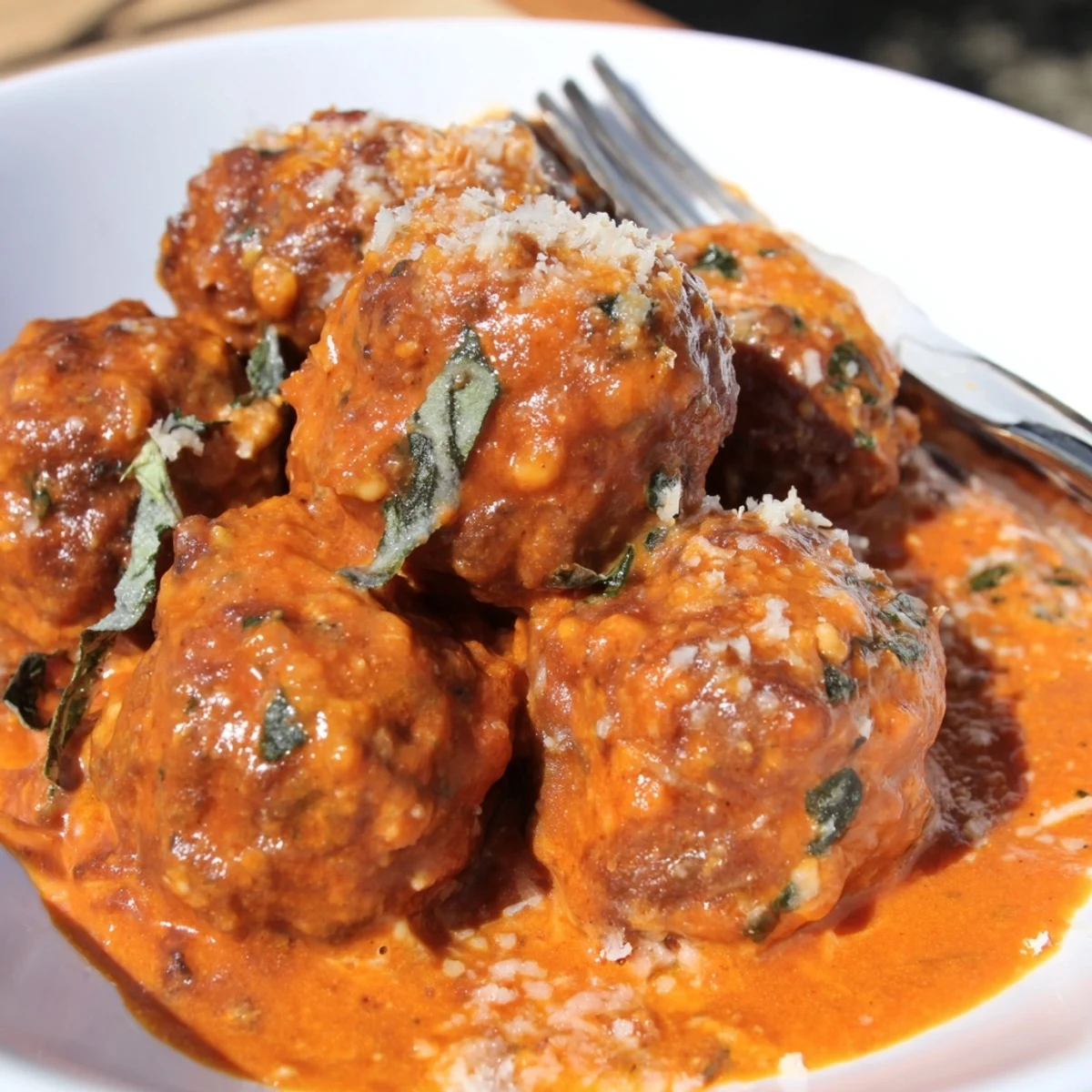 Creamy tomato basil meatballs garnished with fresh basil and Parmesan over warm pasta