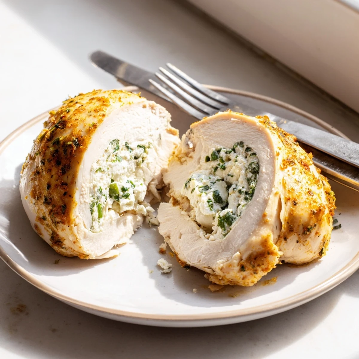 Golden goat cheese chicken breasts stuffed with herbs baked on a white dish