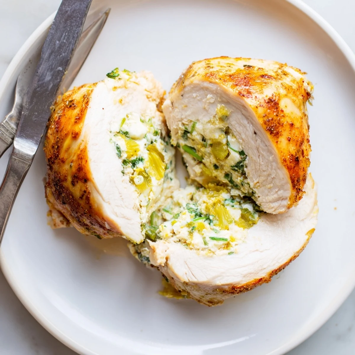 Juicy goat cheese chicken sliced open to reveal a bright lemon herb filling