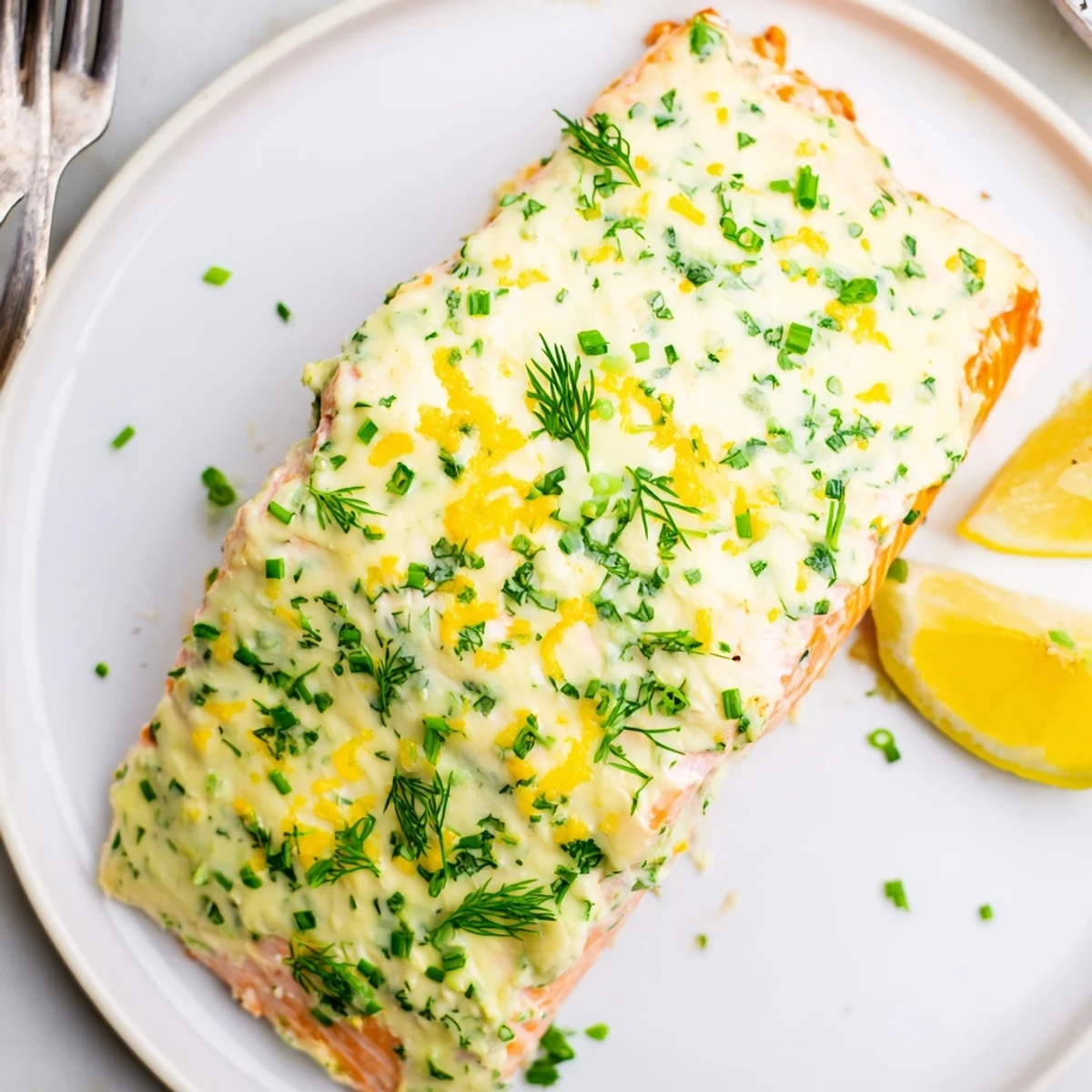 Creamy Boursin salmon fillets baked golden with fresh herbs and lemon wedges on a rustic baking sheet.