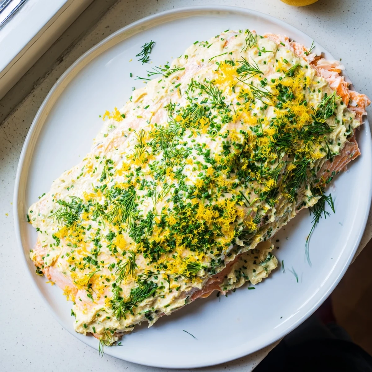 Tender baked salmon topped with melted garlic herb Boursin cheese, garnished with chives and dill.
