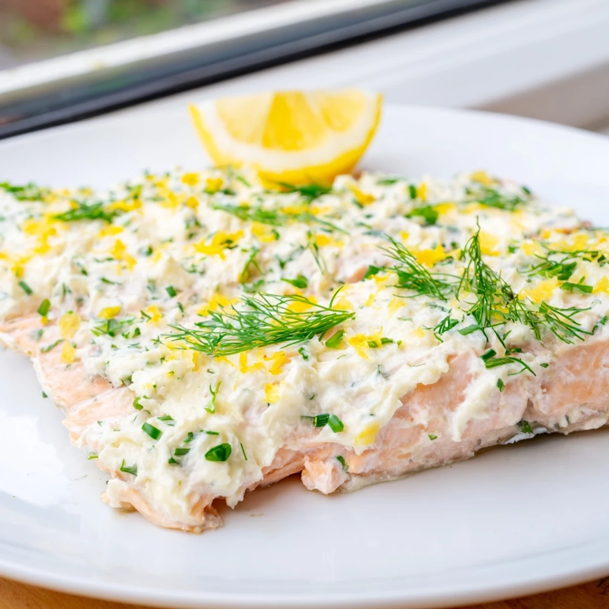 Golden baked Boursin salmon served on a plate with steamed vegetables and a bright lemon wedge.