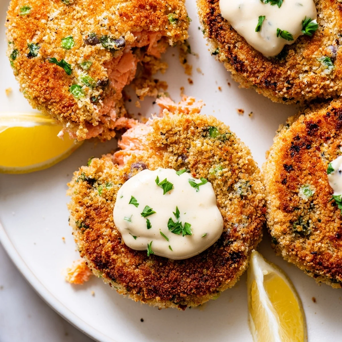 Golden pan-fried lemon garlic Alaska salmon cakes served with creamy aioli dipping sauce