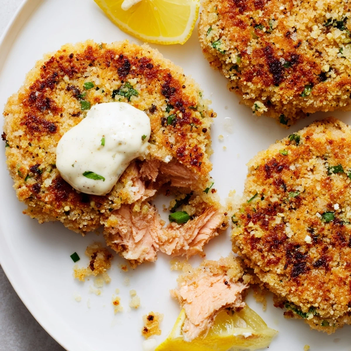 Crispy lemon garlic Alaska salmon cakes topped with a dollop of tangy aioli