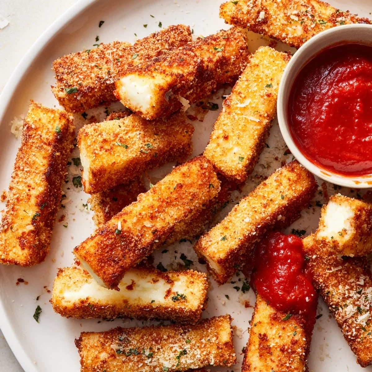 Golden baked cottage cheese fries arranged on parchment with a side of marinara dip