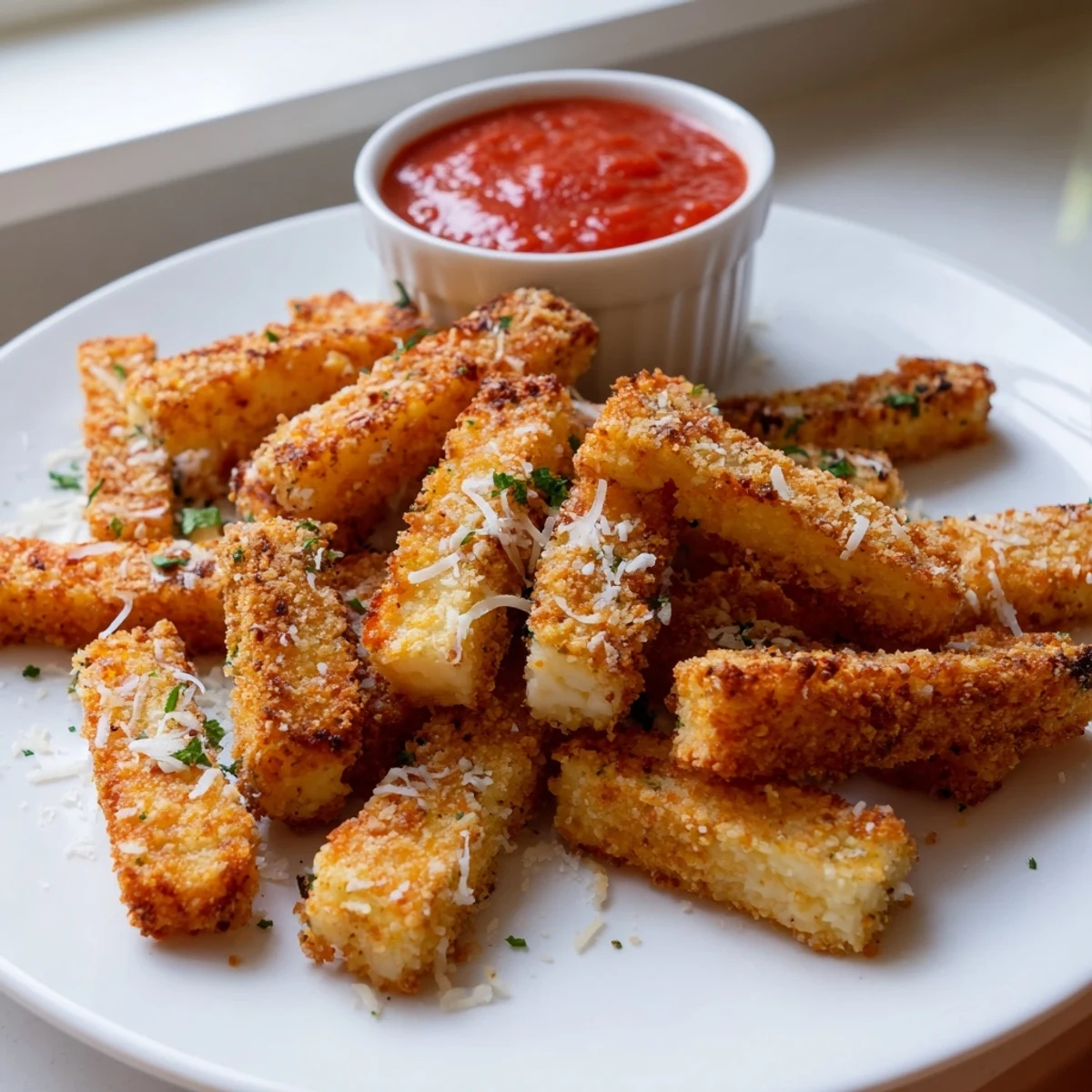 Crispy baked cottage cheese fries stacked on a plate with fresh herb garnish