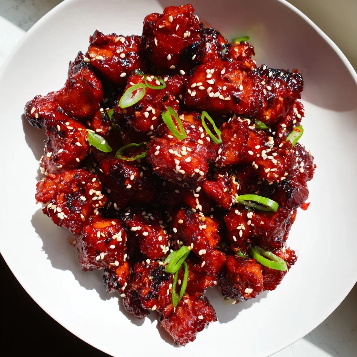 Caramelized gochujang chicken glistening with spicy-sweet glaze, topped with sesame seeds