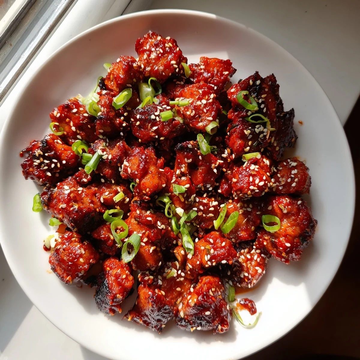 Tender gochujang chicken served over steamed rice, scattered with green onions and sesame