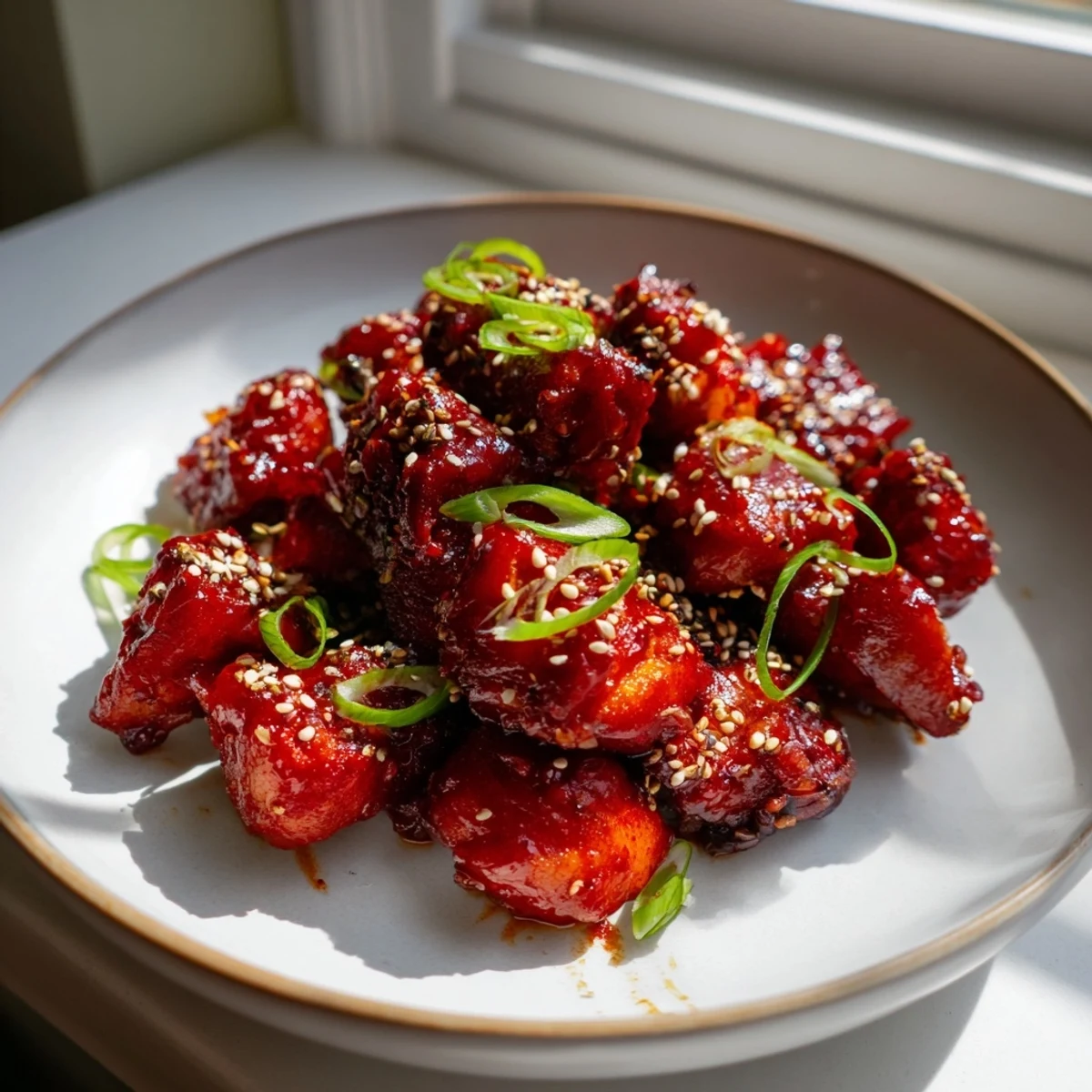 Juicy gochujang chicken pieces sizzling in a skillet with a sticky red glaze