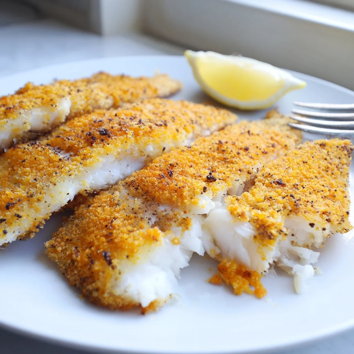 Crispy golden pan fried tilapia fillets on a white plate with lemon wedges