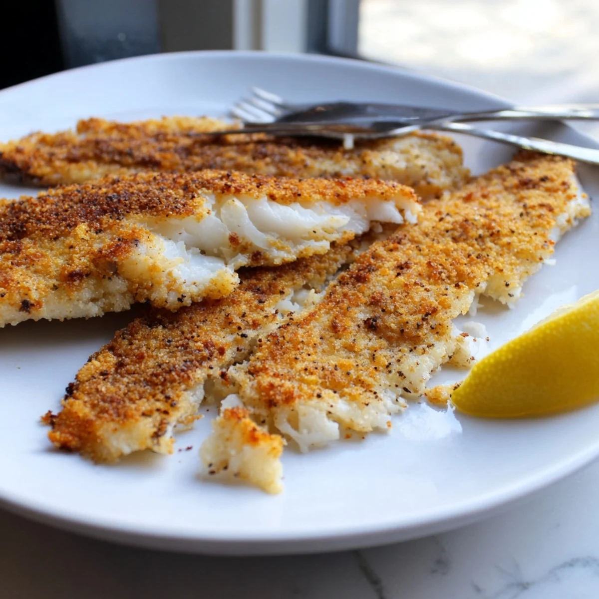 Perfectly cooked pan fried tilapia with a crunchy crust flaking apart beside steamed vegetables