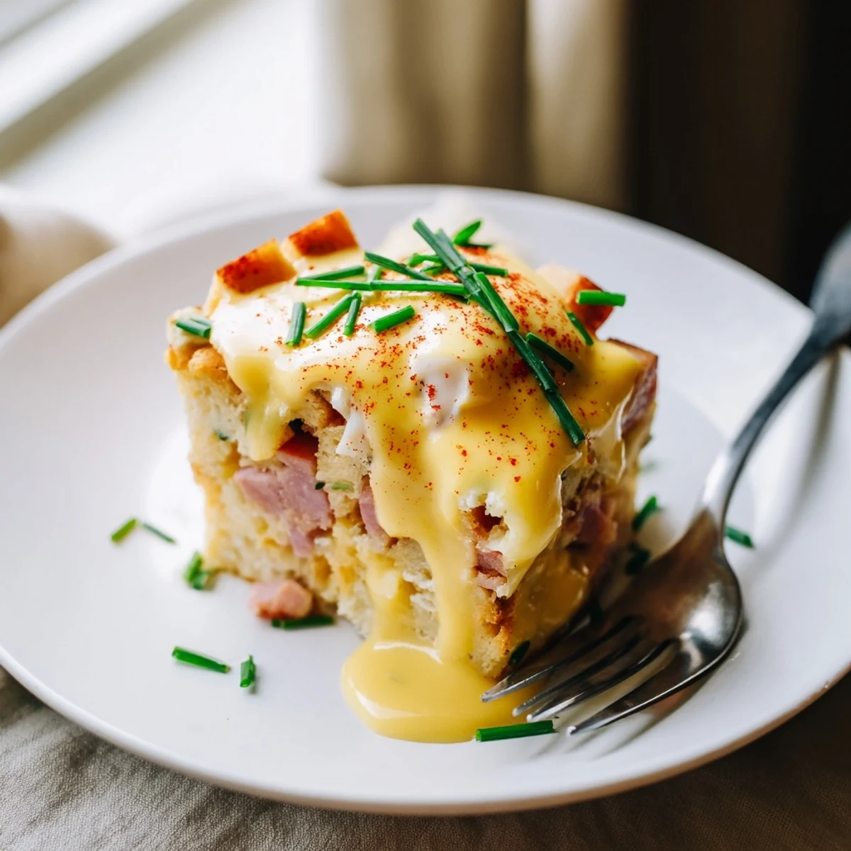 Savory breakfast casserole with layers of English muffins, Canadian bacon, and creamy hollandaise.