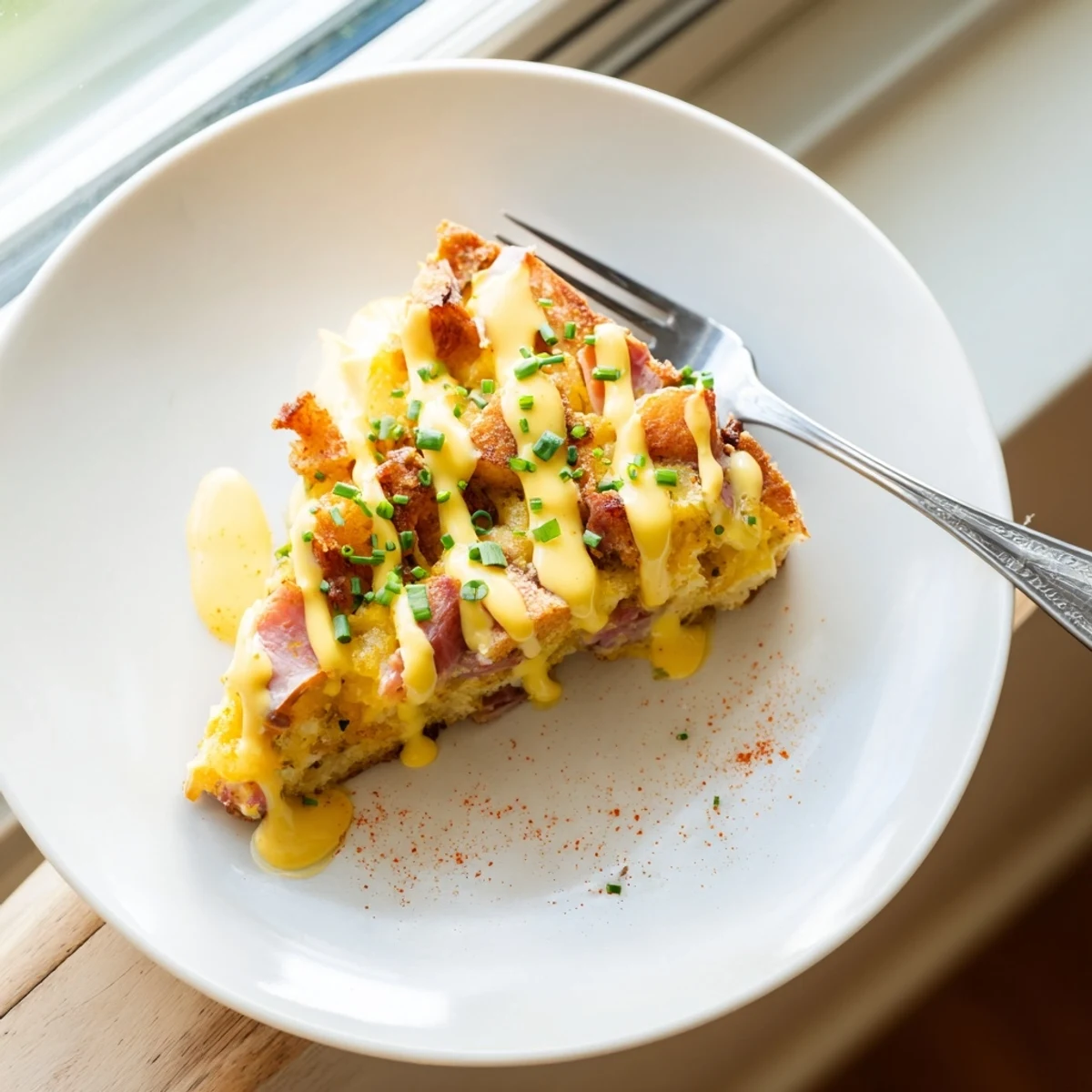 Golden baked Eggs Benedict Casserole drizzled with rich hollandaise sauce and fresh chives.