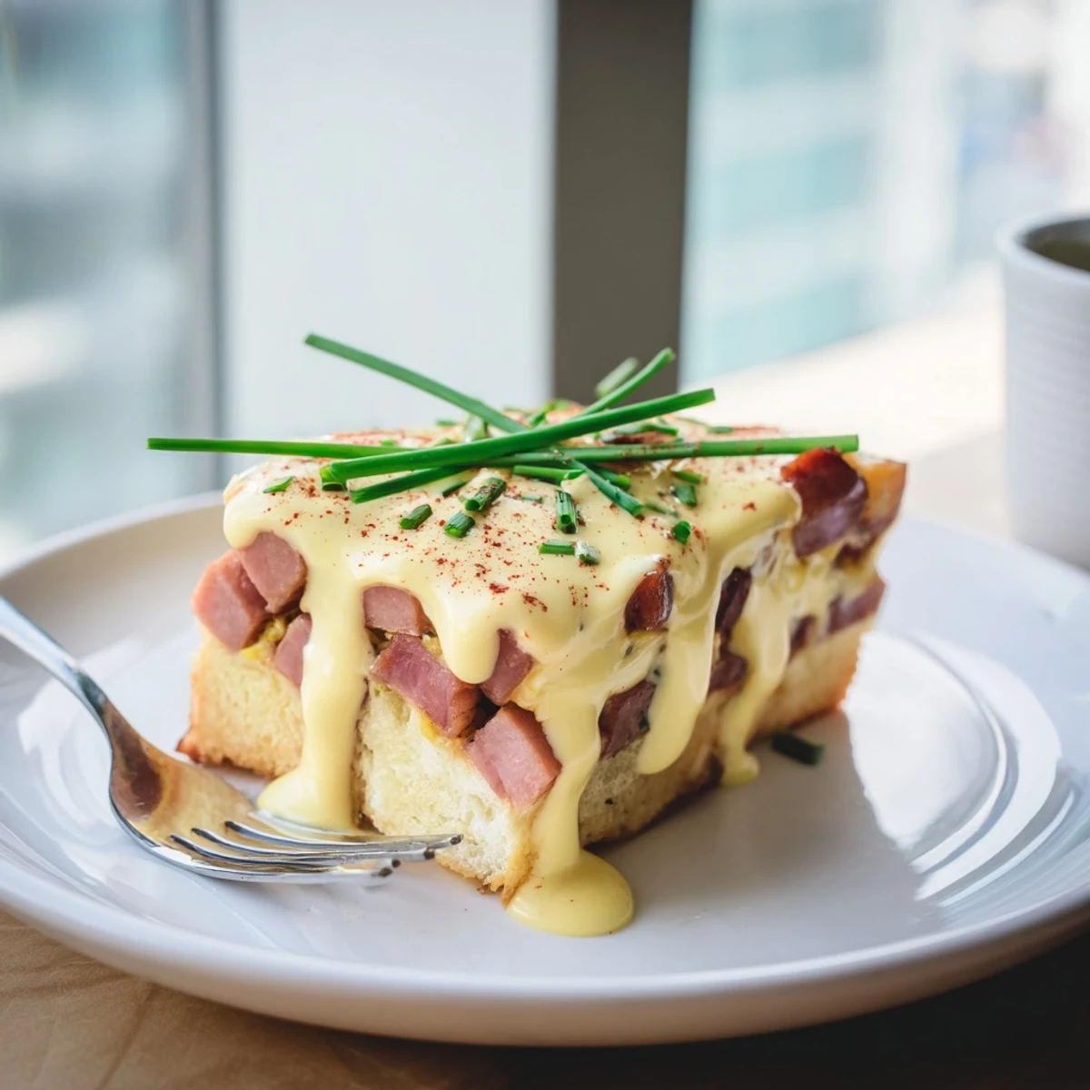Close-up of Eggs Benedict Casserole topped with silky hollandaise and a sprinkle of paprika.