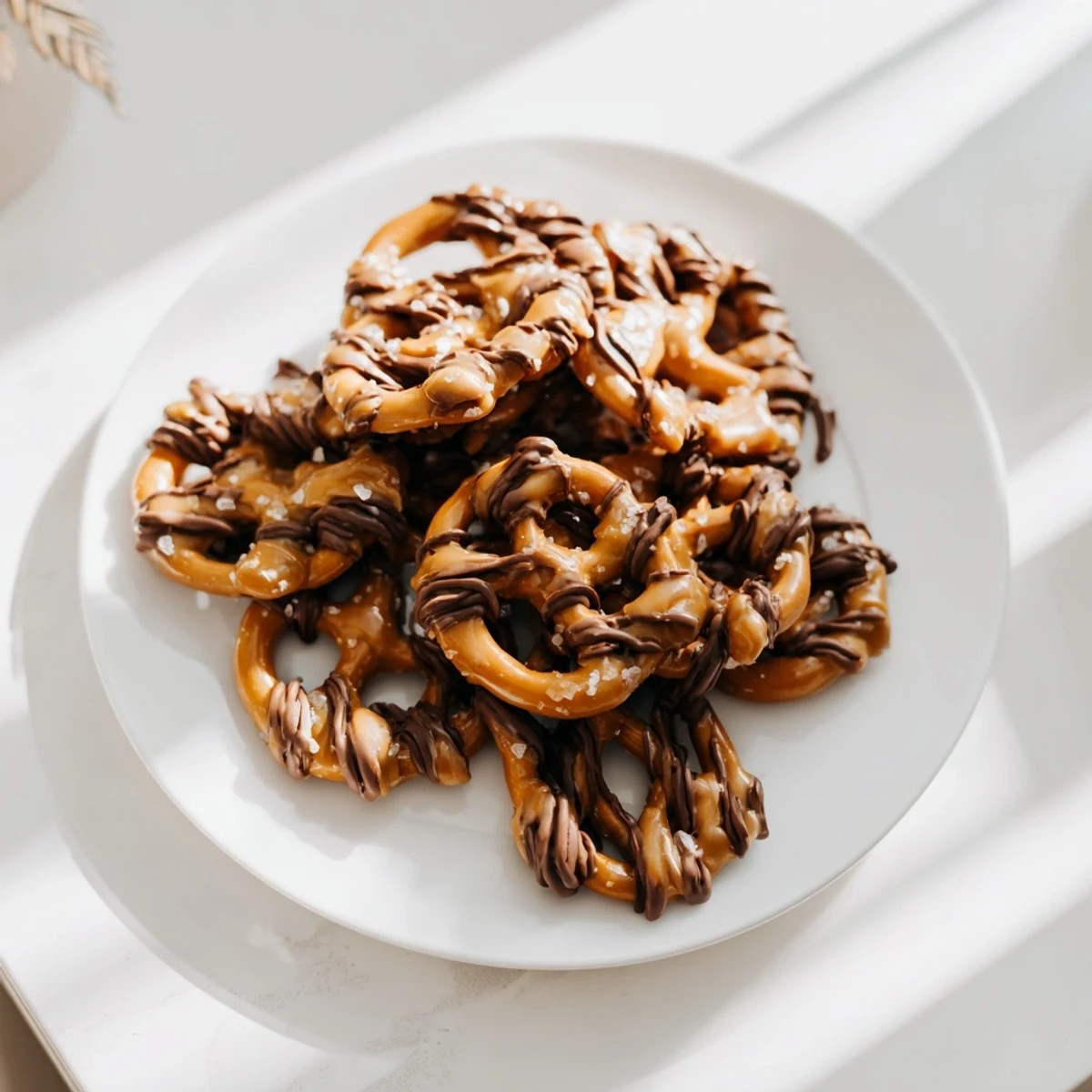 A pile of sweet butter toffee pretzels drizzled with melted dark chocolate.