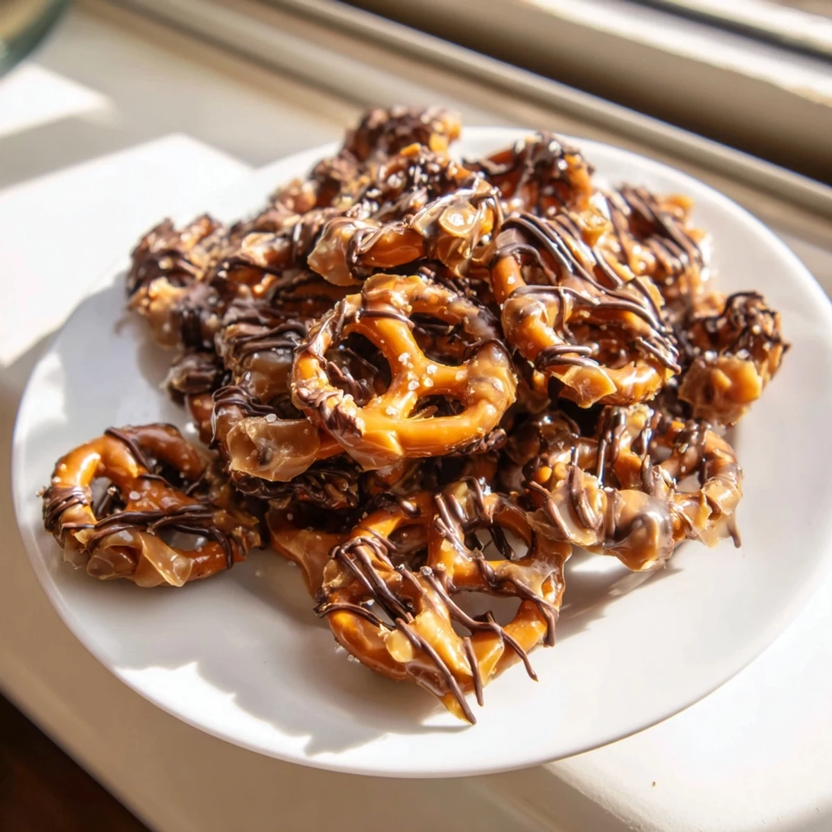 Salty pretzel twists covered in crunchy homemade toffee with chocolate swirls.