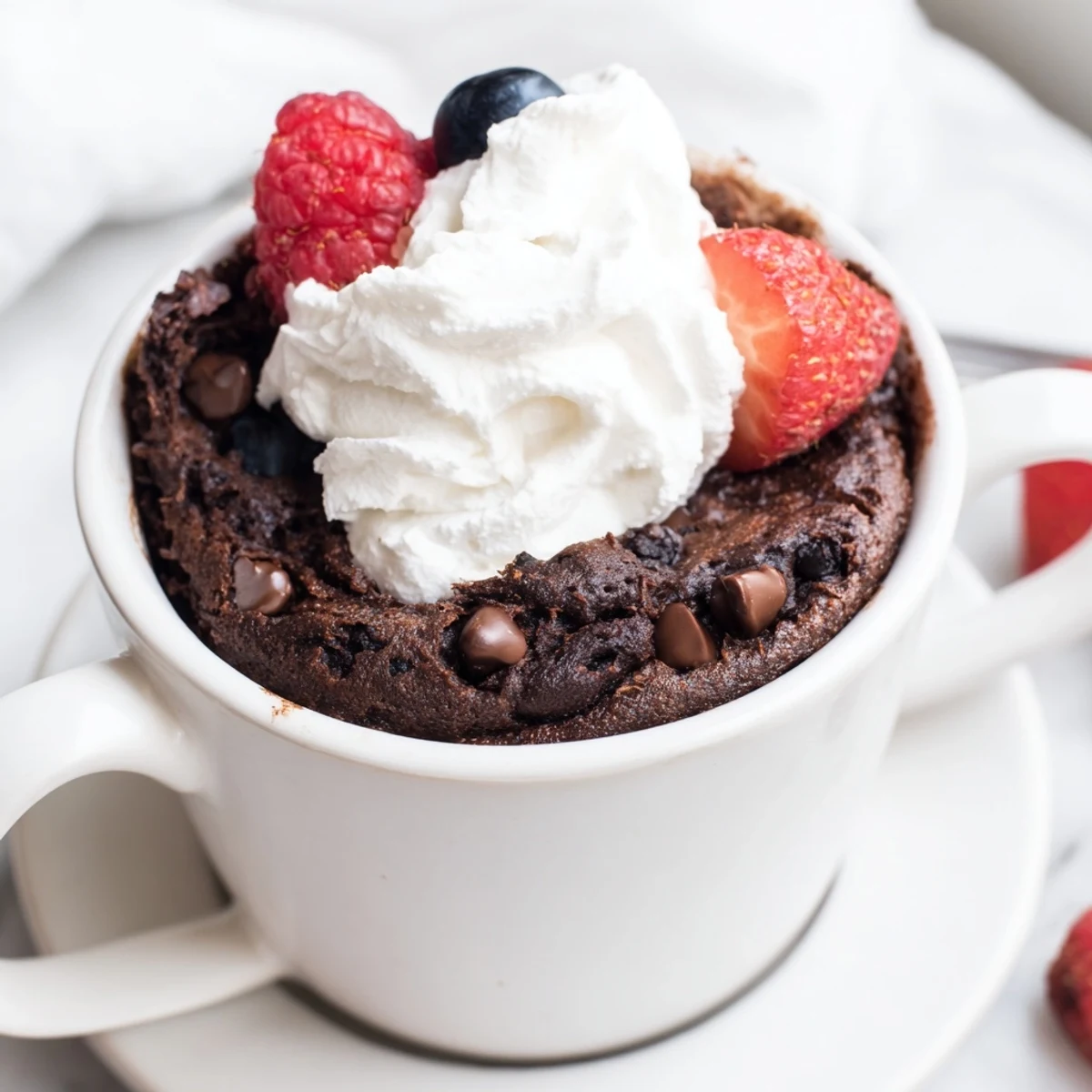 Rich and decadent gluten free chocolate mug cake topped with whipped cream.
