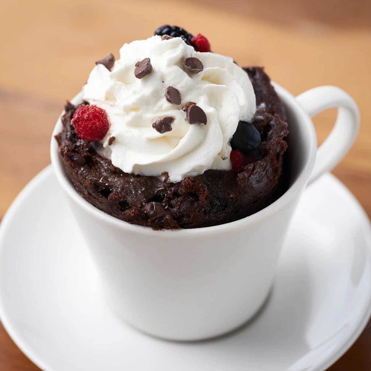 Microwaved gluten free chocolate mug cake with melting chips and fresh berries.