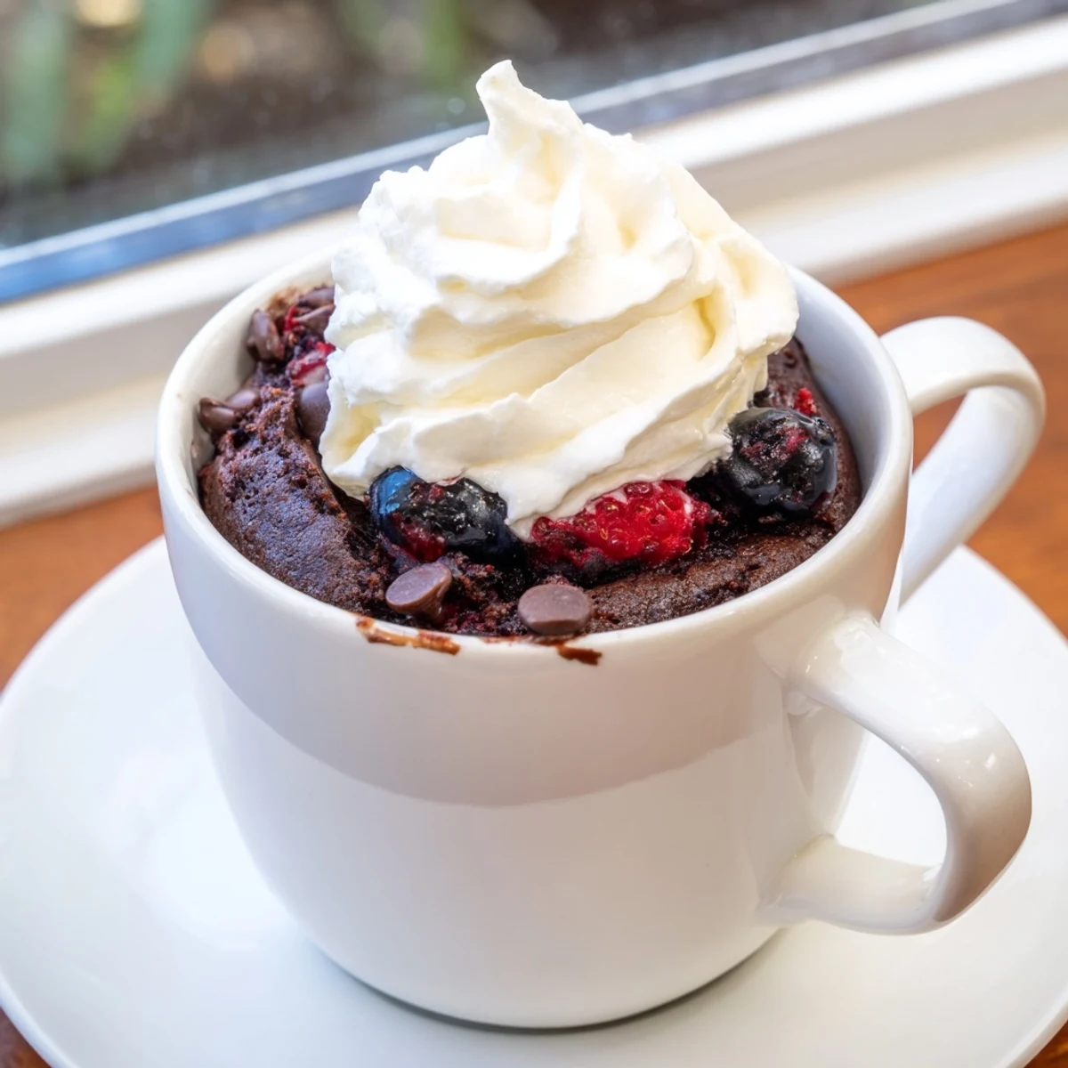 A single serving of gluten free chocolate mug cake in a white mug.