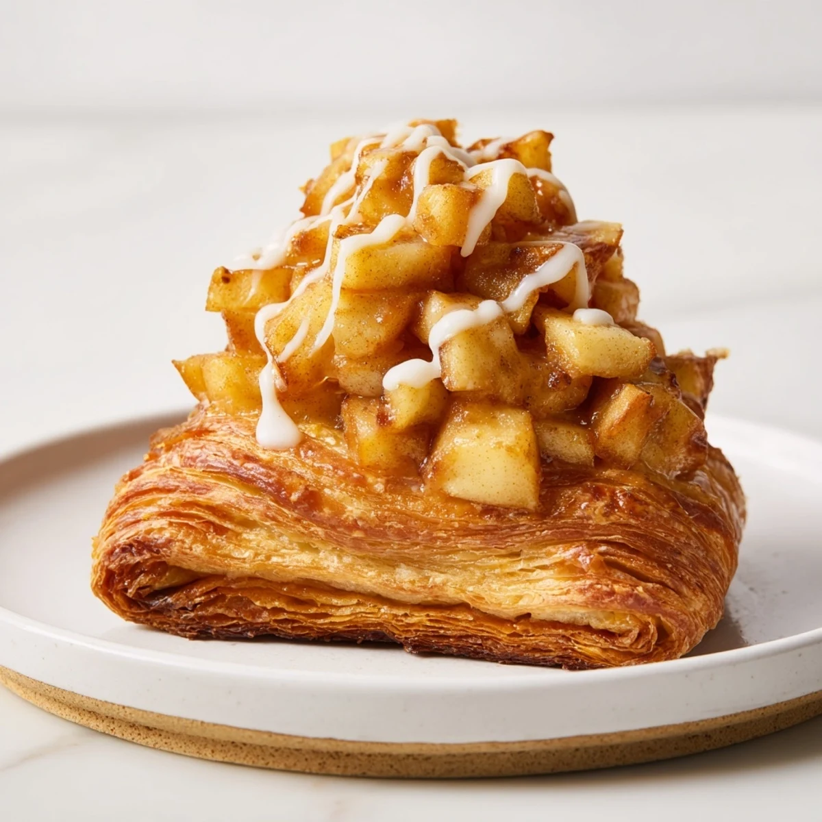 Golden flaky Apple Cheese Danishes topped with warm spiced apples and glaze.