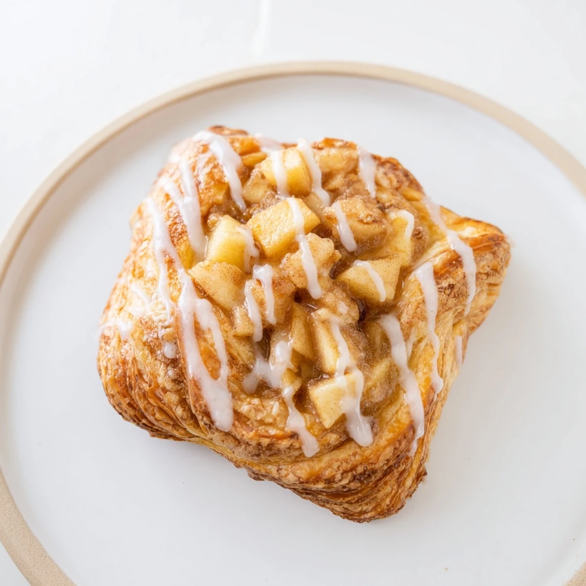 Close up of Apple Cheese Danishes drizzled with icing on a wire rack.