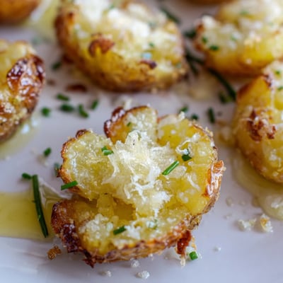 Crispy smashed potatoes feature roasted garlic, melted Parmesan, and buttery Yukon Gold potatoes, perfect for a dinner side.
