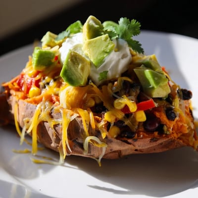 Crisp Loaded Sweet Potato Skins with Black Beans stuffed with spiced beans and corn, topped with avocado and green onions.