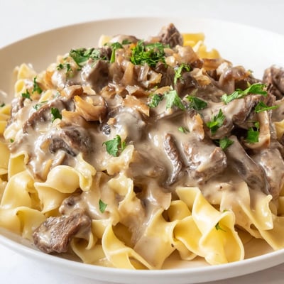 A skillet of freshly made Beef Stroganoff featuring savory mushroom gravy and fluffy egg noodles, ready to serve.