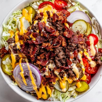 A vibrant Smash Burger Bowl topped with melted cheddar cheese, bacon, and fresh green onions.  