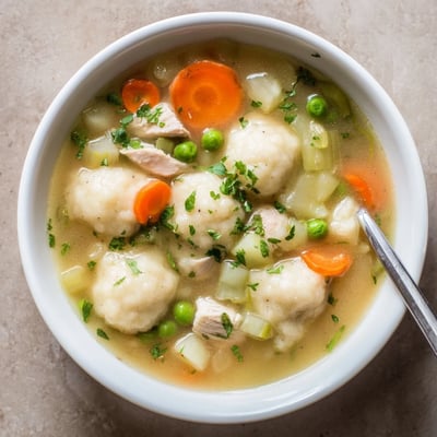 A spoon lifts tender chicken pieces and pillowy dumplings from the savory broth of One Pot Chicken Dumpling Soup.