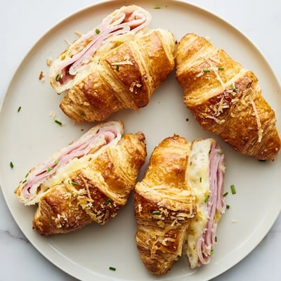 A close-up of Stuffed Croissants shows flaky pastry brushed with butter, served beside fresh fruit and a cup of coffee.