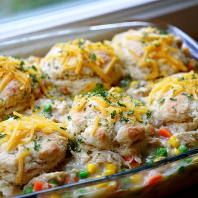 Slice of Red Lobster Biscuit Chicken Pot Pie on a white plate, revealing creamy chicken, peas, and corn filling.