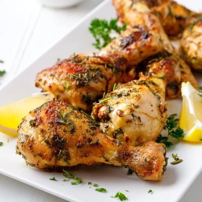 Golden roasted chicken drumsticks seasoned with fresh herbs and garlic served with lemon wedges.