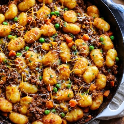 Savory Quick Gnocchi Shepherds Pie served in a white dish, revealing a hearty ground beef and vegetable layer beneath gnocchi.