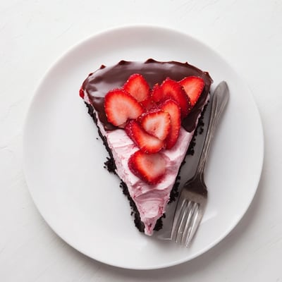 This homemade Chocolate Covered Strawberry Cheesecake features a dark chocolate cookie crust and creamy strawberry filling, ready to serve on a marble countertop.