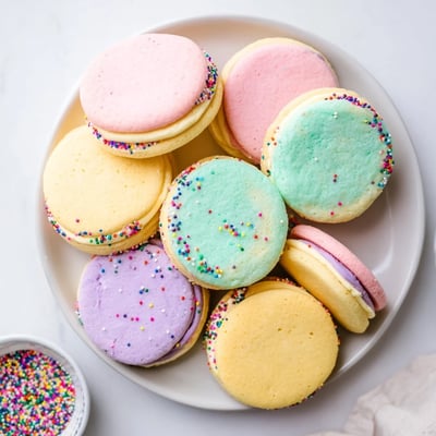 Colorful pastel sugar cookie sandwiches displayed on a white plate, perfect spring treat for family gatherings.