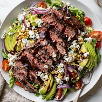 A generous platter of balsamic steak Gorgonzola salad drizzled with vinaigrette beside juicy cherry tomatoes and avocado.