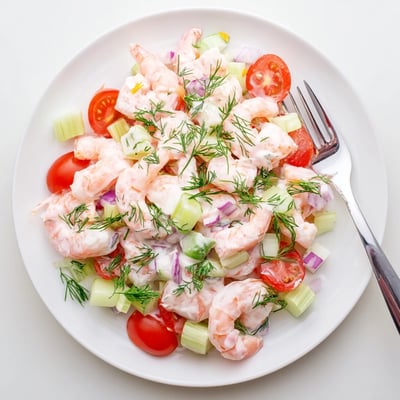 Shrimp salad recipe served over leafy greens with cherry tomatoes and fresh dill