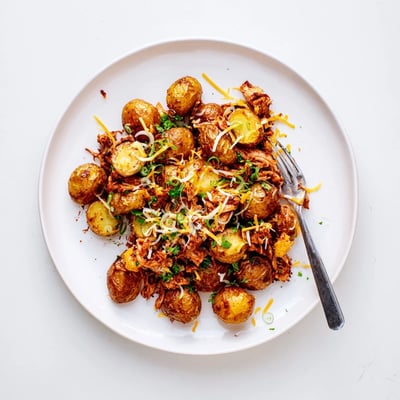 Sliced honey BBQ chicken over crispy potatoes bubbling with cheddar and fresh parsley