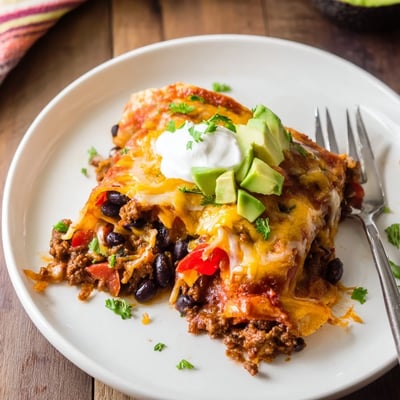 Slice of Beef Skillet Enchiladas on plate, creamy avocado and sour cream