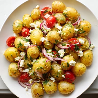 Warm potato and feta salad tossed with dill, lemon, and crumbled feta cheese
