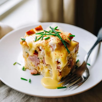 Savory breakfast casserole with layers of English muffins, Canadian bacon, and creamy hollandaise.