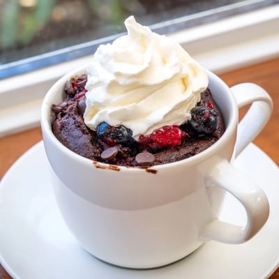 A single serving of gluten free chocolate mug cake in a white mug.